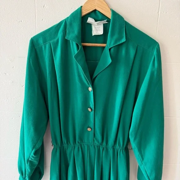Vintage 80s | Green Classy Midi Long Sleeve Dress Gold Buttons | Size Medium - Picture 3 of 11